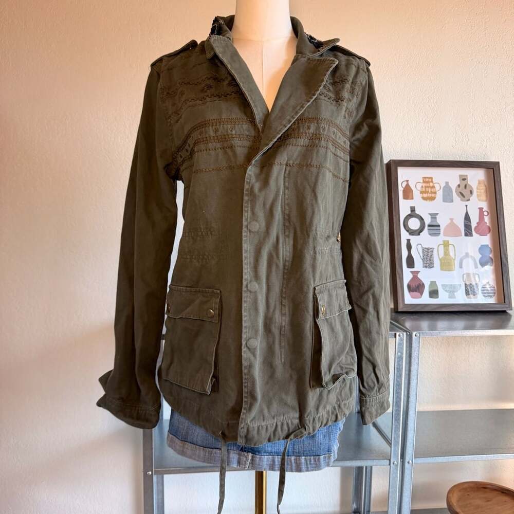Miss Me Military Jacket Size M Green Beaded Collar Utility Safari